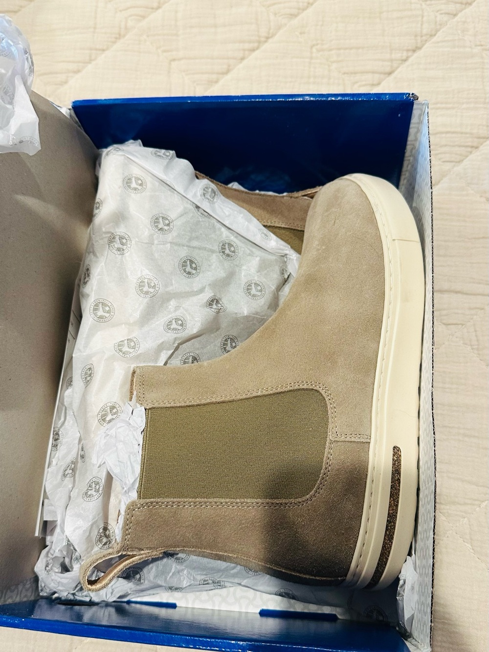 Birkenstock Suede Chelsea Booties in Tan and Cream